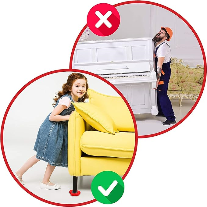 Man struggling to lift a piano, girl pushing sofa easily